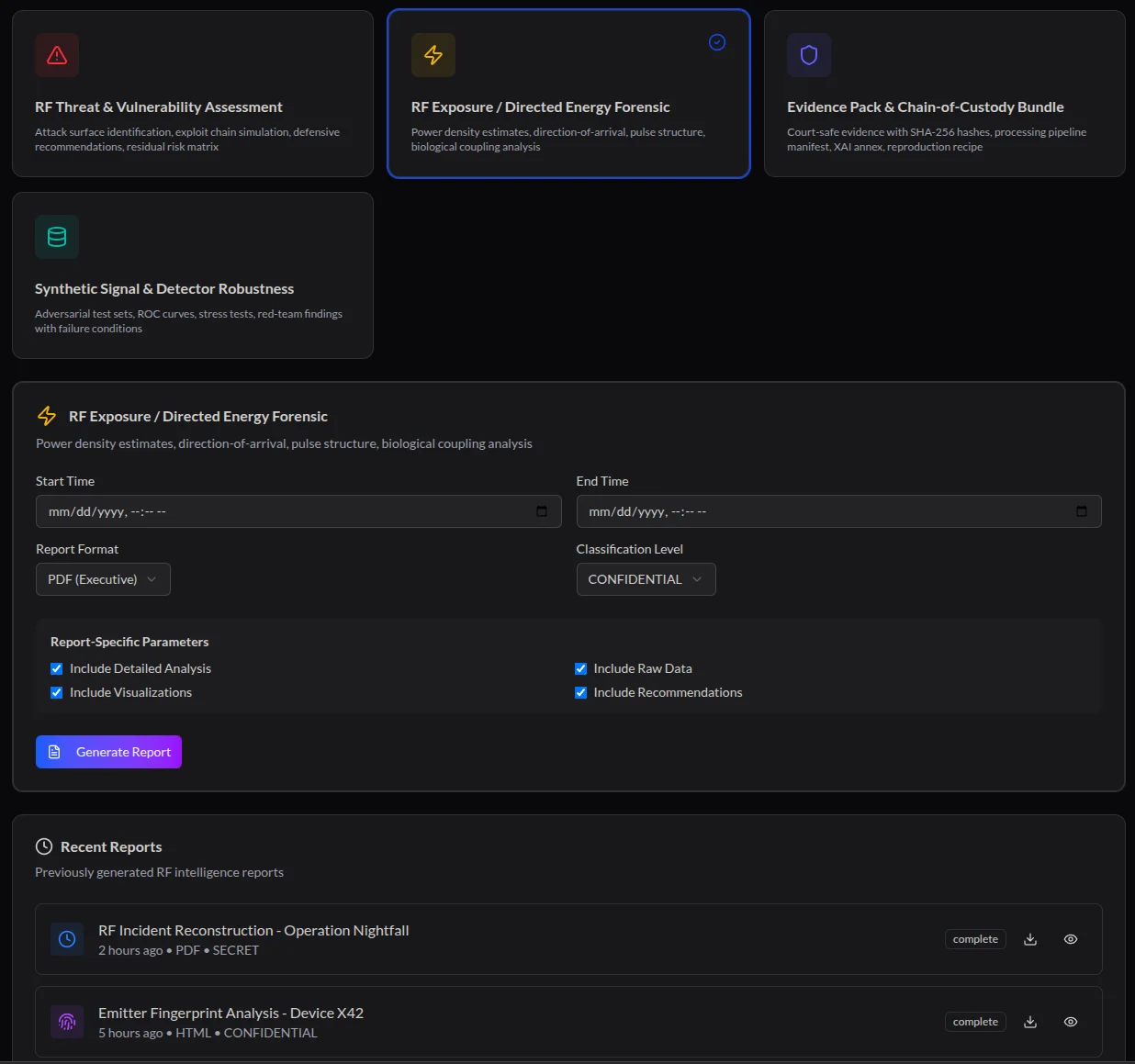 RF Exposure & Forensic Reporting Interface